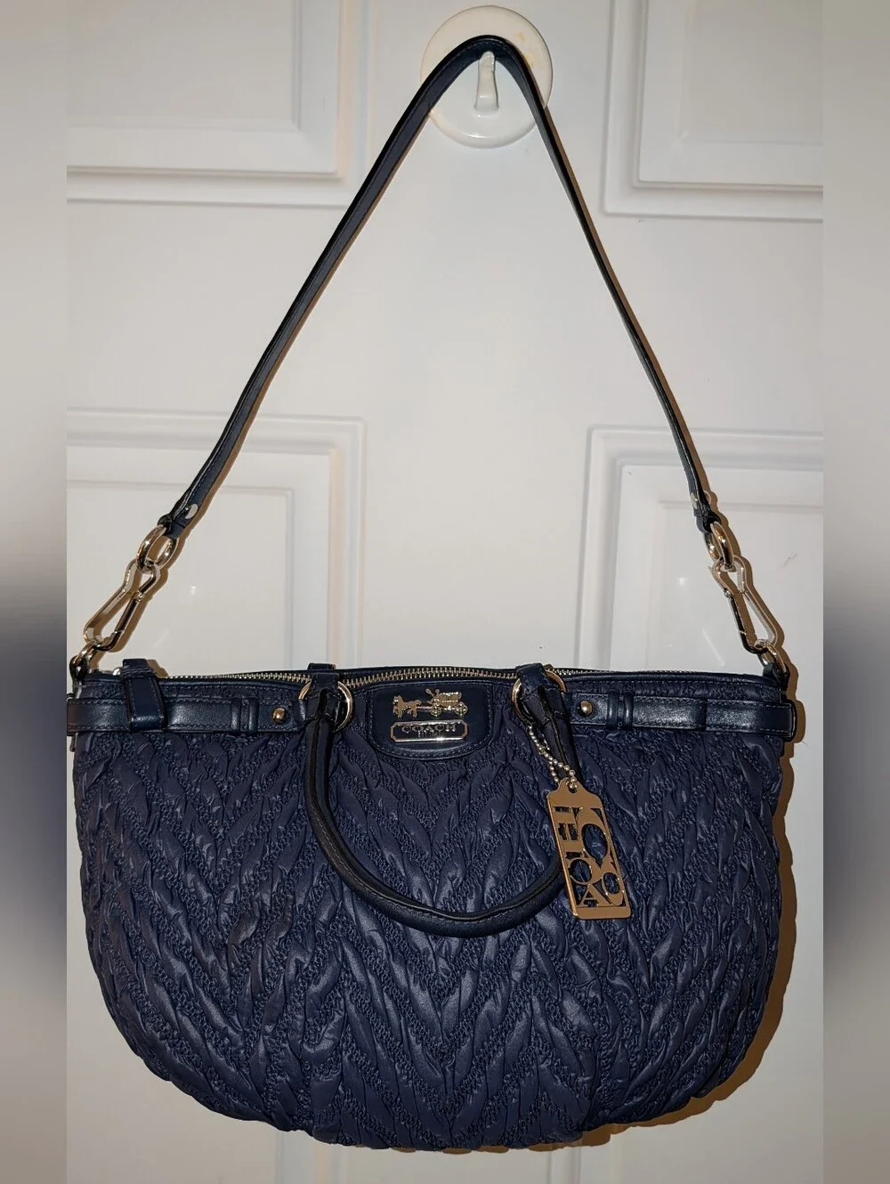 Coach Madison 70th Anniversary Quilted Chevron Navy Blue Nylon Satchel EUC